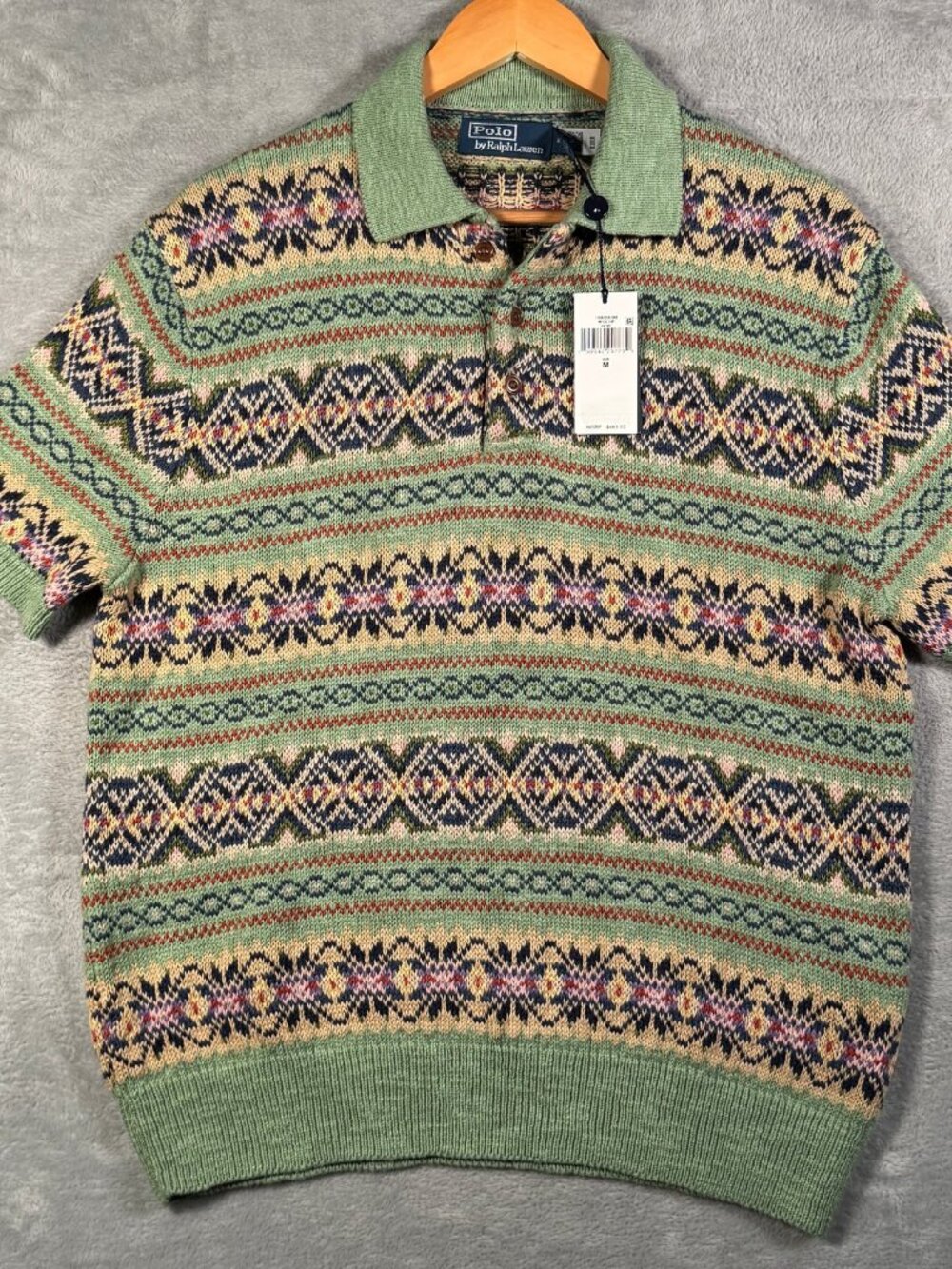 Polo Ralph Lauren Sweater Mens M Green Fair Isle Linen Cashmere Knit Shirt $468P